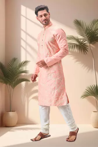 Pink art silk embroidery kurta pajama set