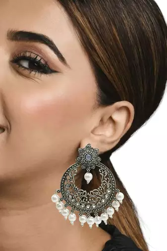 Silver-plated chandbali drop earrings