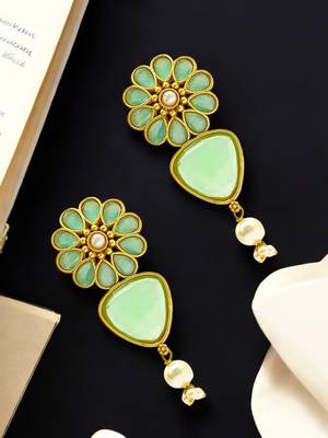 Gold-plated mint stone-studded & beaded contemporary drop earrings 1