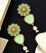 Gold-plated mint stone-studded & beaded contemporary drop earrings