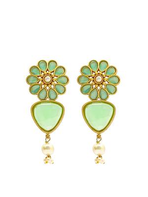 Gold-plated mint stone-studded & beaded contemporary drop earrings 2