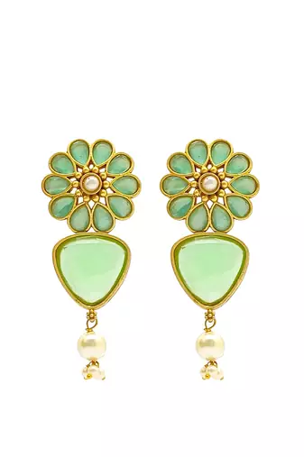 Gold-plated mint stone-studded & beaded contemporary drop earrings