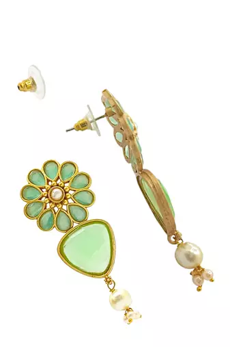 Gold-plated mint stone-studded & beaded contemporary drop earrings