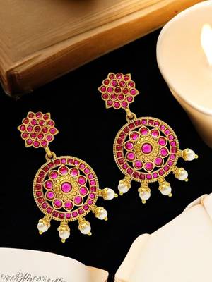 Gold-plated kundan pink stone studded drop earrings 1