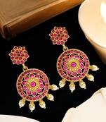 Gold-plated kundan pink stone studded drop earrings