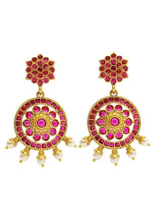 Gold-plated kundan pink stone studded drop earrings 2
