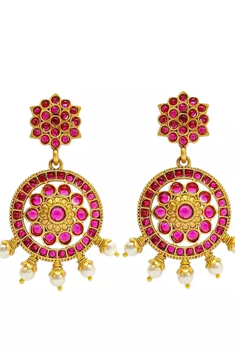 Gold-plated kundan pink stone studded drop earrings
