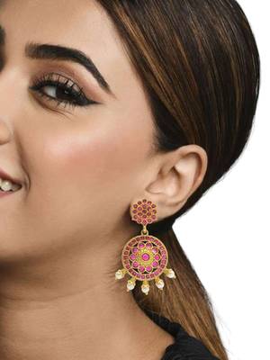 Gold-plated kundan pink stone studded drop earrings 3
