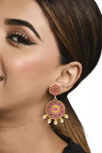 Gold-plated kundan pink stone studded drop earrings