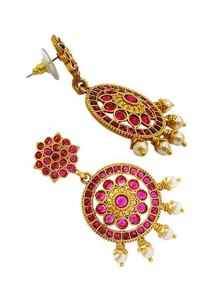 Gold-plated kundan pink stone studded drop earrings 4