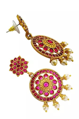 Gold-plated kundan pink stone studded drop earrings