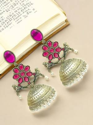 Silver-plated pink stone jhumka earrings 1