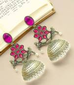 Silver-plated pink stone jhumka earrings
