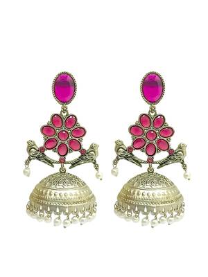 Silver-plated pink stone jhumka earrings 2
