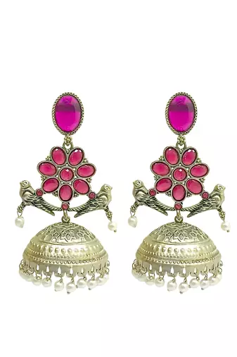 Silver-plated pink stone jhumka earrings