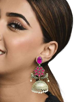 Silver-plated pink stone jhumka earrings 3