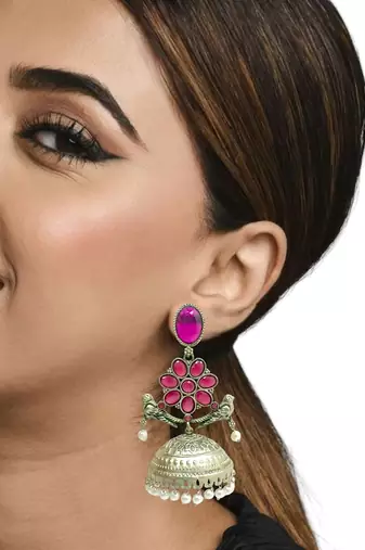 Silver-plated pink stone jhumka earrings