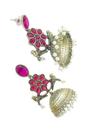 Silver-plated pink stone jhumka earrings 4
