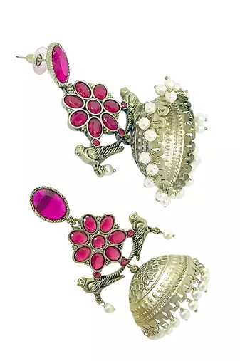Silver-plated pink stone jhumka earrings