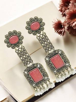 Silver-plated pink stone classic drop earrings 1