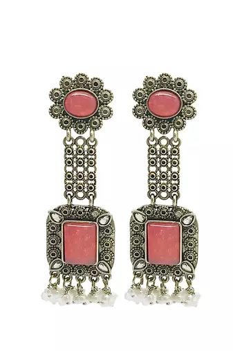 Silver-plated pink stone classic drop earrings