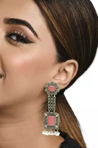 Silver-plated pink stone classic drop earrings