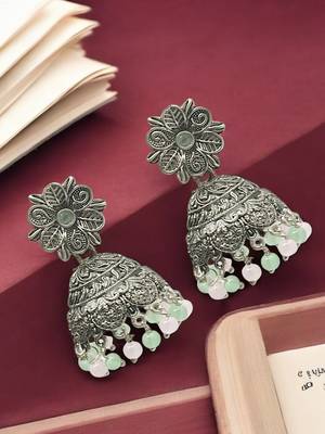 Silver-plated sea green beaded jhumkas earrings 1