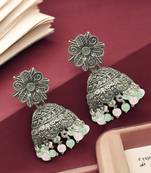 Silver-plated sea green beaded jhumkas earrings