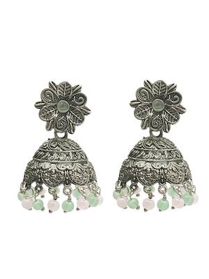 Silver-plated sea green beaded jhumkas earrings 2