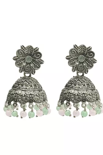Silver-plated sea green beaded jhumkas earrings