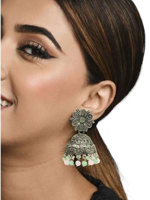 Silver-plated sea green beaded jhumkas earrings 3