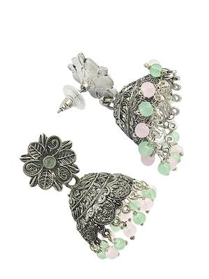Silver-plated sea green beaded jhumkas earrings 4
