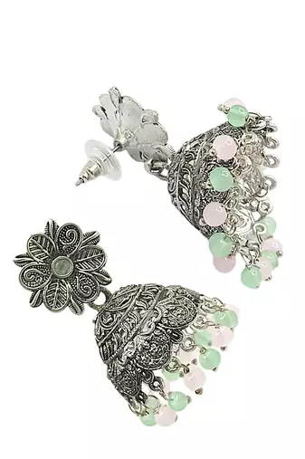 Silver-plated sea green beaded jhumkas earrings