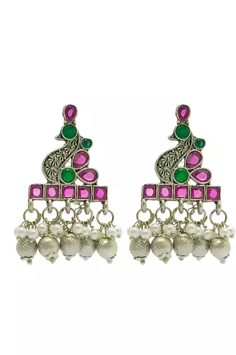 Silver-plated peacock shaped drop earrings