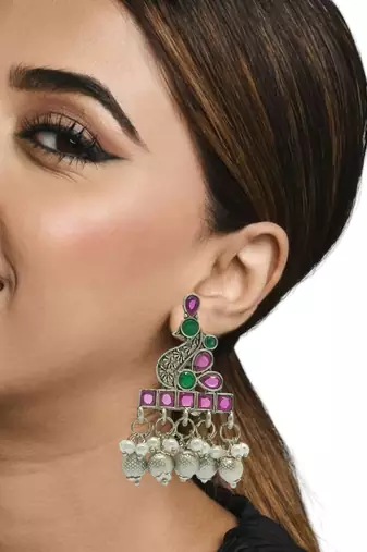 Silver-plated peacock shaped drop earrings