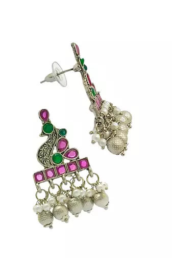 Silver-plated peacock shaped drop earrings