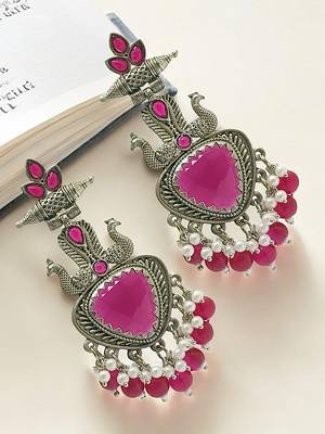 Silver-plated peacock style beaded drop earrings 1