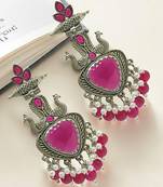 Silver-plated peacock style beaded drop earrings