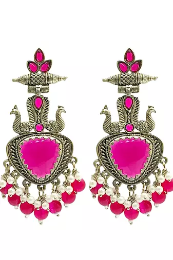 Silver-plated peacock style beaded drop earrings