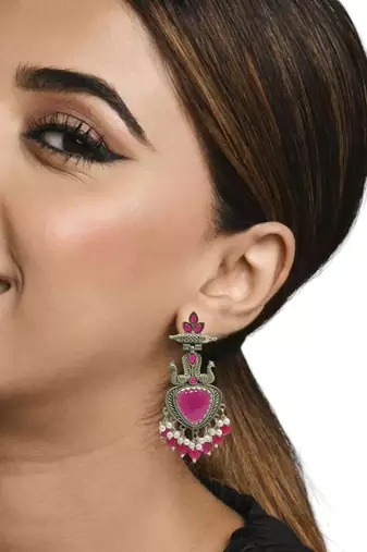 Silver-plated peacock style beaded drop earrings