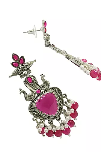 Silver-plated peacock style beaded drop earrings