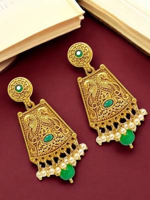 Gold-plated green stone-studded & beaded drop earrings 1