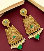Gold-plated green stone-studded & beaded drop earrings