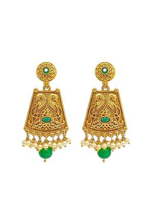 Gold-plated green stone-studded & beaded drop earrings 2