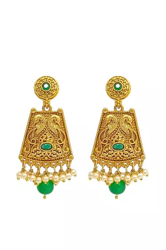 Gold-plated green stone-studded & beaded drop earrings