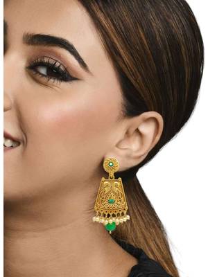 Gold-plated green stone-studded & beaded drop earrings 3