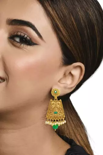 Gold-plated green stone-studded & beaded drop earrings