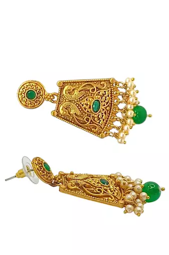 Gold-plated green stone-studded & beaded drop earrings