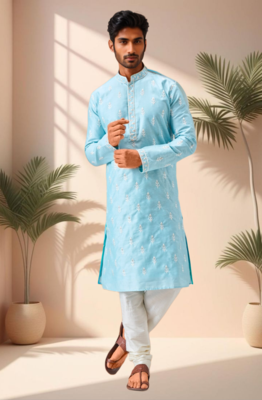Sky blue art silk embroidery kurta pajama set 1
