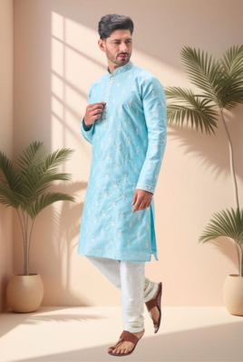 Sky blue art silk embroidery kurta pajama set 2